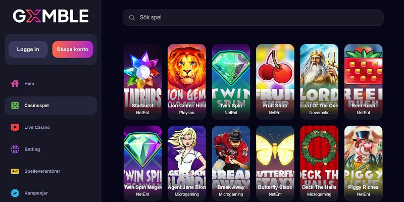 Gxmble casino – skärmdump av spelsidan