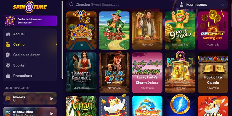 SpinTime casino – skärmdump av spelsidan